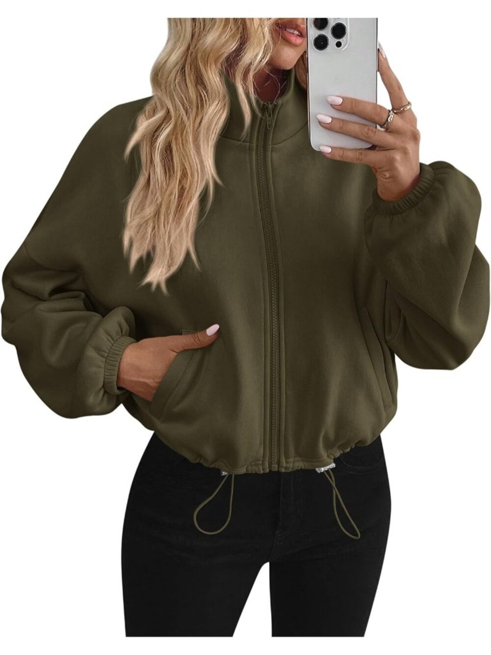 Women's Army Green Long Sleeve Mock Neck ZIP Up Cropped Jacket Fleece Sweatshirt
